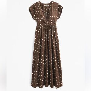 Abercrombie & Fitch Brown Polka Dot Front Twist Midi Dress